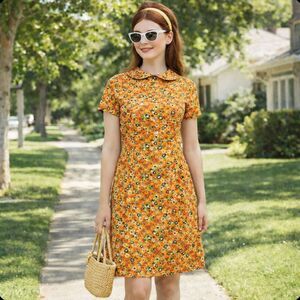 Vintage 60s Dress Womens Handmade Short Sleeve Floral Autumn Size S/M